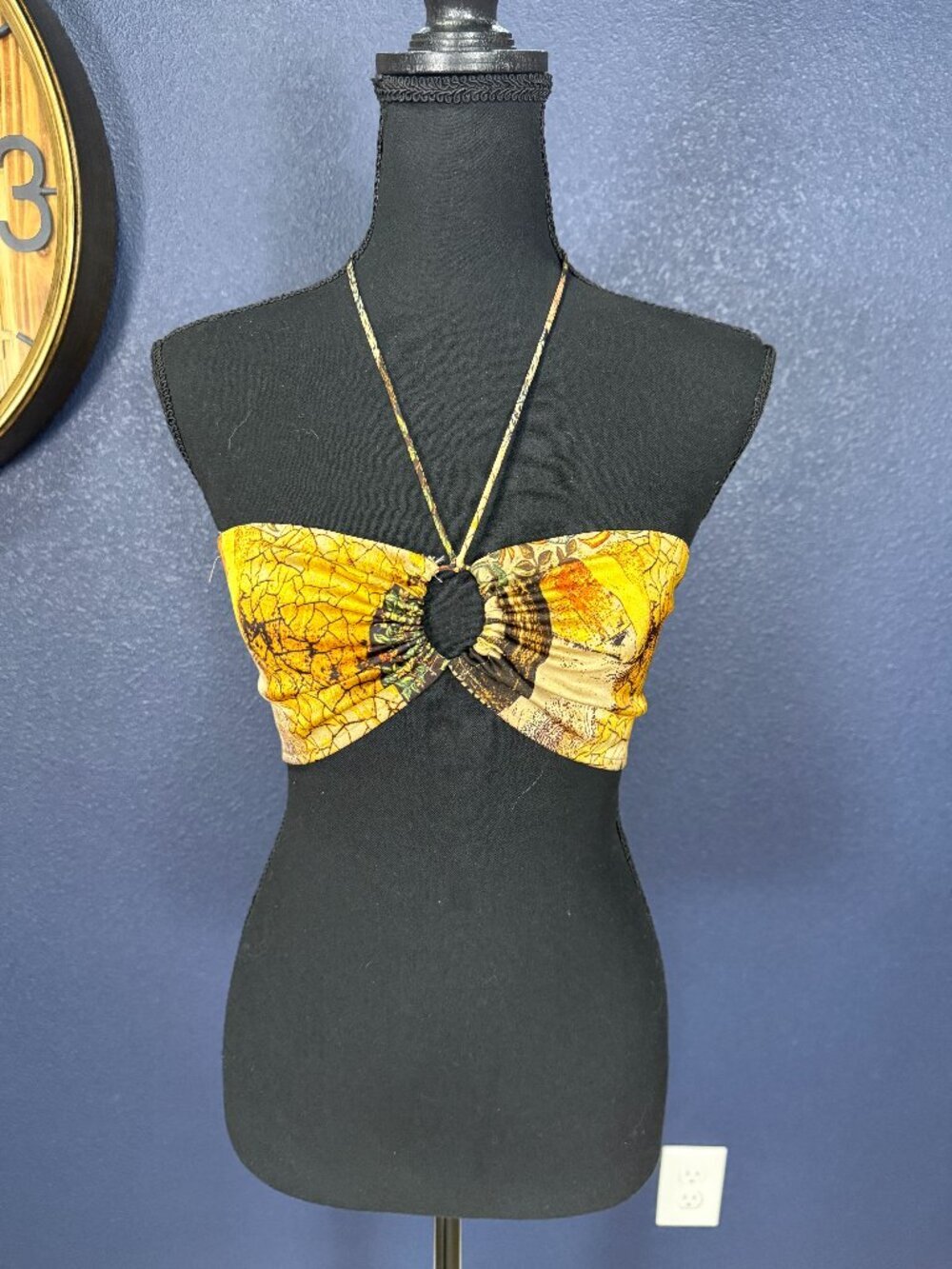 12th Tribe Gold Batik Print Cinched Halter Bandeau Top | S